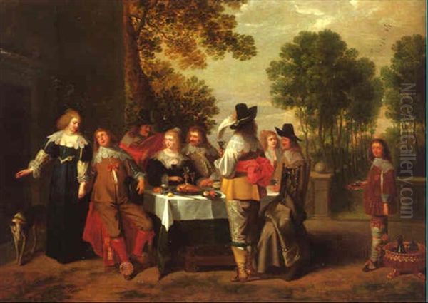 Elegant Company Seated At A Table In Formal Garden Oil Painting by Christoffel Jacobsz. Van Der Lamen