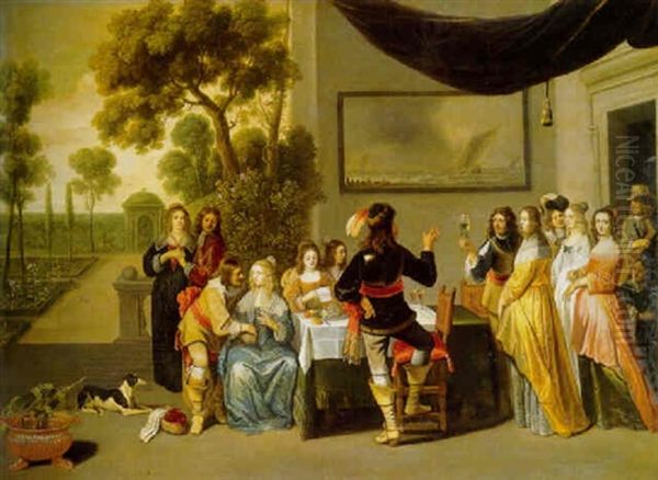 Elegant Company Merrymaking On A Terrace, A Garden Beyond Oil Painting by Christoffel Jacobsz. Van Der Lamen