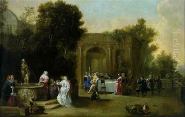 Elegant Company Merrymaking On A Terrace With Musicians And Lovers By A Fountain Oil Painting by Christoffel Jacobsz. Van Der Lamen