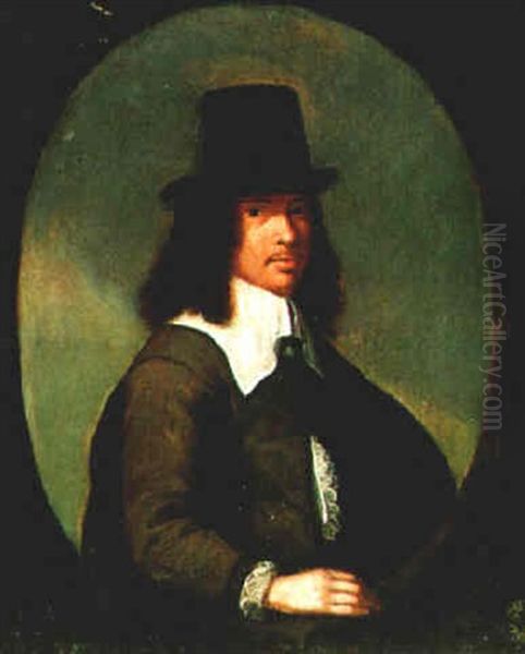 Portrait Of A Gentleman, Half Length, Wearing A Black Hat Oil Painting by Christoffel Jacobsz. Van Der Lamen