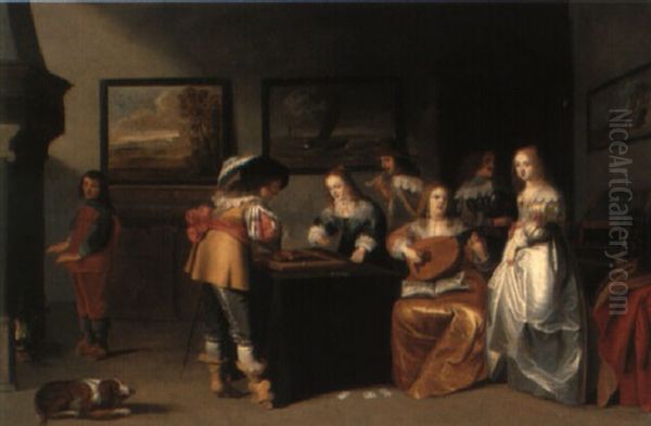 A Couple Playing Backgammon And A Lady Playing A Lute In An Interior Oil Painting by Christoffel Jacobsz. Van Der Lamen