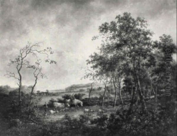 A Horsewoman And A Herdsman And Cattle In A Wooded River Landscape Oil Painting by Johann Hermann Joseph Lamers