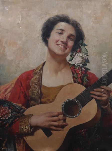 Suonatrice Di Chitarra Oil Painting by Temistocle Lamesi