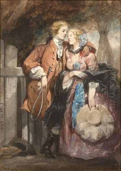 Couple D'elegants Accoudes A Une Barriere Oil Painting by Eugene Louis Lami