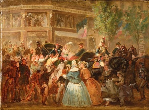 L'empereur Napoleon Iii Et L'imperatrice Eugenie En Caleche Acclames Par La Foule by Eugene Louis Lami