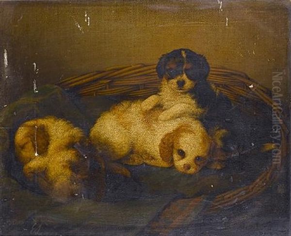 Puppies In A Basket Oil Painting by Eugene Louis Lami