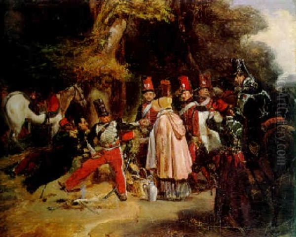 Halte De Hussards Au Camp De Luneville Oil Painting by Eugene Louis Lami