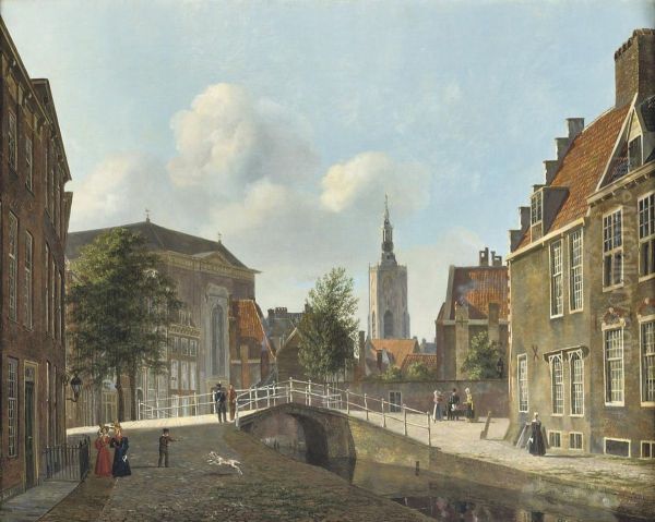 Daily Activities Along The Paviljoensgracht With The St. Jacobskerkin The Distance, The Hague Oil Painting by Carel Jacobus Behr