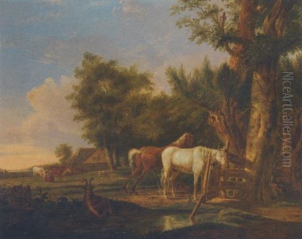 Horses In A Meadow Oil Painting by Arie Johannes Lamme