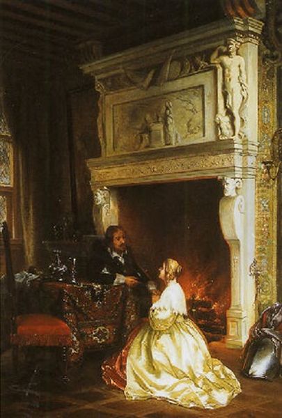 Figures In An Interior Oil Painting by Arie Johannes Lamme