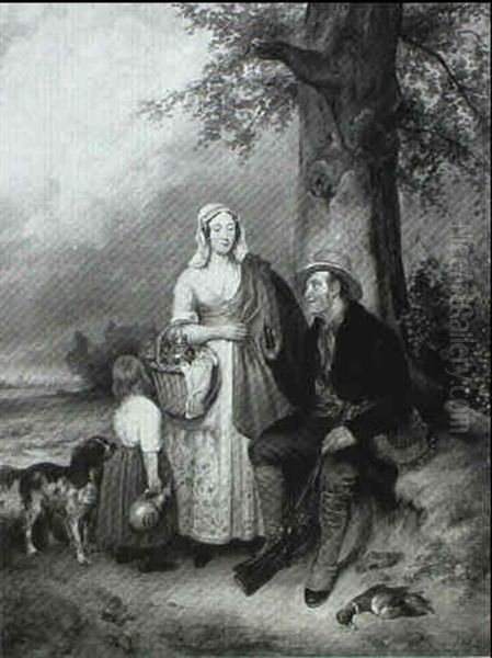 Hunter With Maidservant, Child And Spaniel Oil Painting by Arie Johannes Lamme