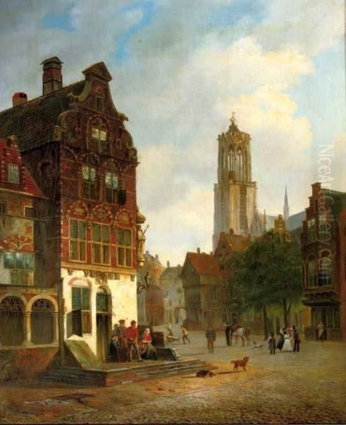 Daily Activities In Utrecht With The Domtower Beyond Oil Painting by Carel Jacobus Behr