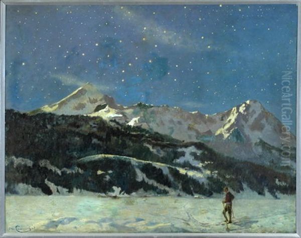 Skifahrer Vor Einem Bergpanorama Mit Sternenhimmel Oil Painting by Otto Laemmerhirt