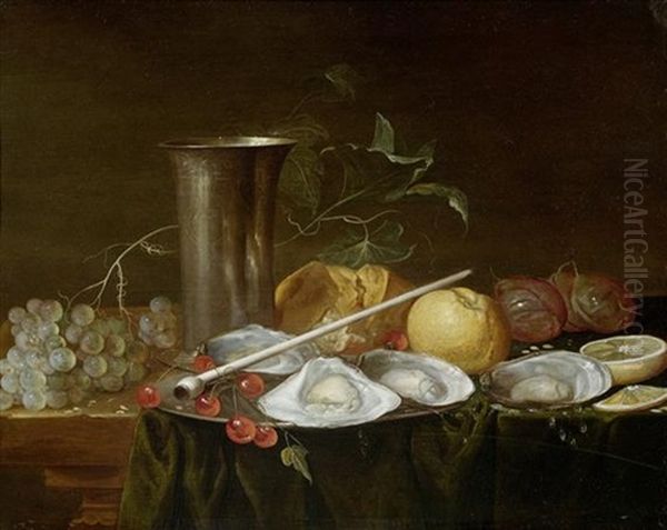 Stillleben Mit Trauben, Kirschen, Austern, Brot Und Silbergefassen Auf Einer Tischplatte Oil Painting by Abraham van Lamoen