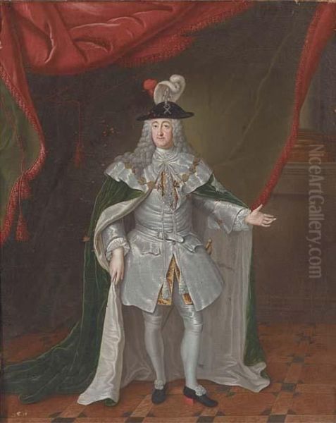 Portrait Of A Nobleman, Full-length In An Interior Oil Painting by Johann Philipp Behr