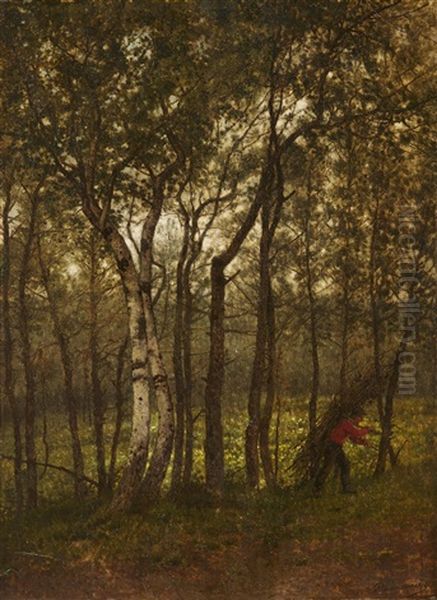 Firewood Collector On A Woodland Path Near Putte Oil Painting by Jean Pierre Francois Lamoriniere