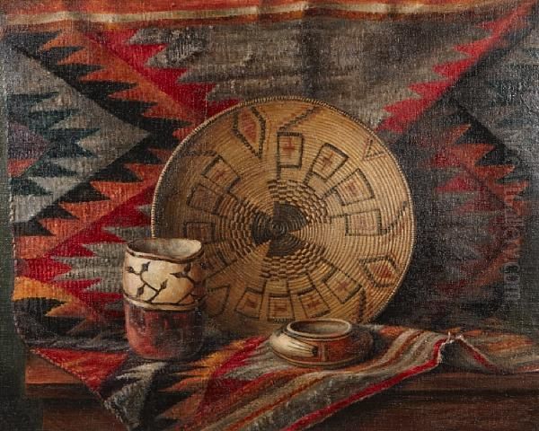 Indian Basket And Bowls On An Indian Blanket Oil Painting by Frederick John Behre