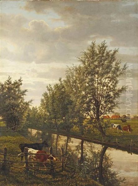 Au Bord Du Canal Oil Painting by Jean Pierre Francois Lamoriniere