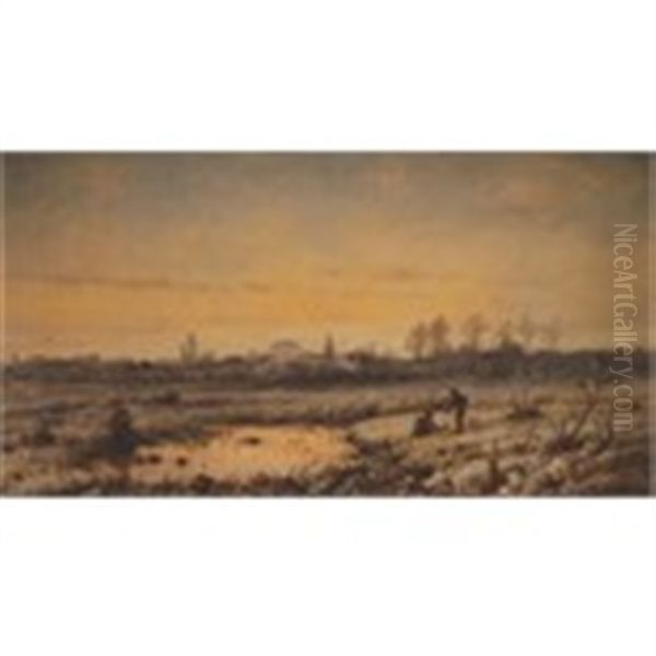 Figures In A Snow Cover Landscape Oil Painting by Jean Pierre Francois Lamoriniere