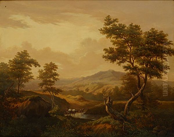 Herderinnetje Met Koeien In Een Landschap Oil Painting by Jean Pierre Francois Lamoriniere