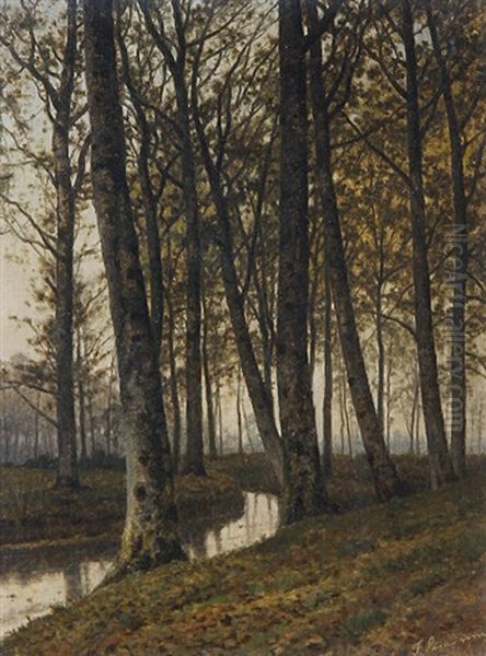 Autumnal River Landscape Oil Painting by Jean Pierre Francois Lamoriniere