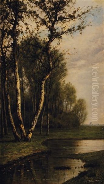 Paysage De Riviere Et Bouleaux by Jean Pierre Francois Lamoriniere