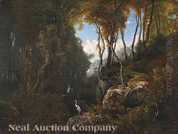 Cranes In A Mountain Landscape Oil Painting by Jean Pierre Francois Lamoriniere