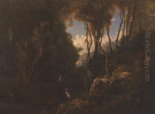 Barbizon Landscape With Two Herons, 1853 Oil Painting by Jean Pierre Francois Lamoriniere