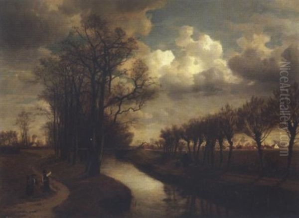 A Walk Beside A River Oil Painting by Jean Pierre Francois Lamoriniere