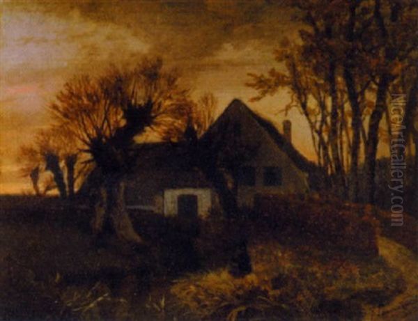 Fischer In Spatabendlicher Landschaft Mit Haus Oil Painting by Jean Pierre Francois Lamoriniere