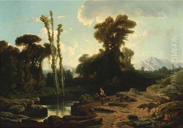 Sudlandische Landschaft Mit Hirtenpaar Am Ufer Eines Fluses Oil Painting by Jean Pierre Francois Lamoriniere