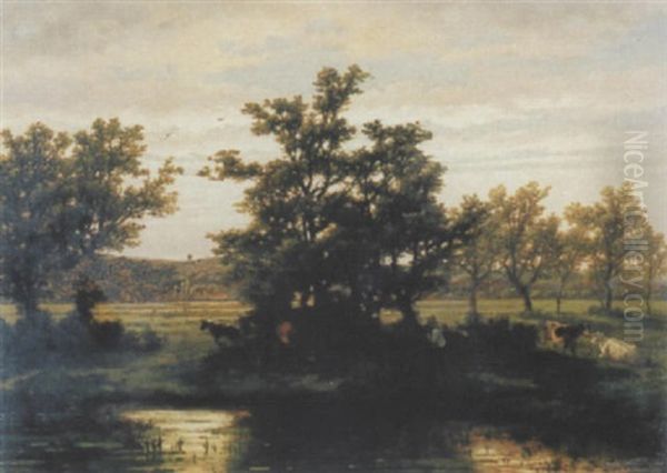 Teichlandschaft Mit Bauer Und Kuhen Oil Painting by Jean Pierre Francois Lamoriniere