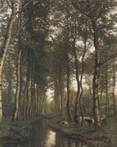 Bois De Trembles Au Bord Du Canal Oil Painting by Jean Pierre Francois Lamoriniere