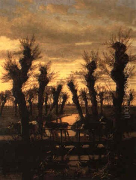 Landschap Met Koeien Oil Painting by Jean Pierre Francois Lamoriniere