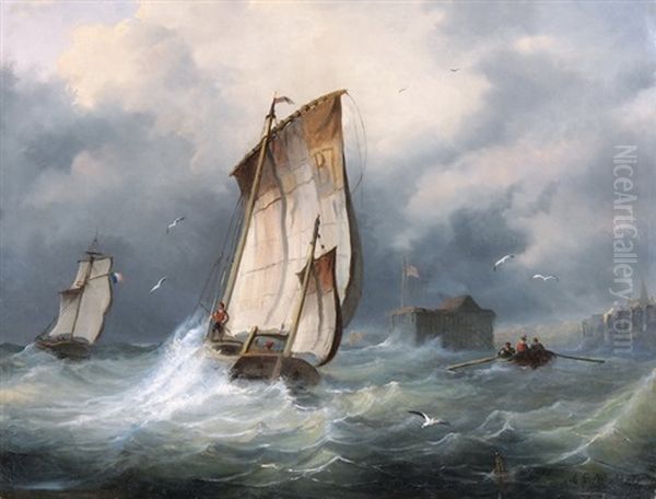 Sturmische See Mit Segelbooten Oil Painting by Alphonse Lamotte