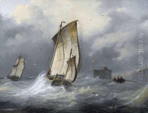 Marinestuck Mit Booten In Seenot Oil Painting by Alphonse Lamotte