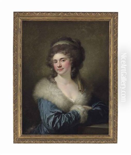 Portrait Of Countess Julia Potocka, Nee Lubomirska (1764-1794), Half-length, In A Blue Cloak With A White Fur Collar, Leaning On A Pedestal Oil Painting by Johann Baptist (Giovanni) Lampi III