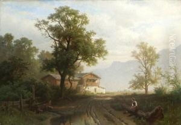 Rastende Magd Am Wegesrand In
 Vorgebirgslandschaft. Oil Painting by August Behrendsen