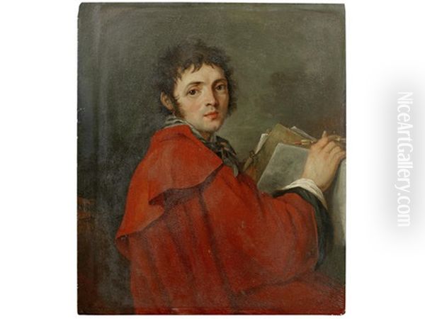 Portrait Of An Artist, Said To Be Vladimir Borovikovsky, Half-length, In A Red Coat, Holding A Folio Of Drawings Oil Painting by Johann Baptist Lampi the Elder