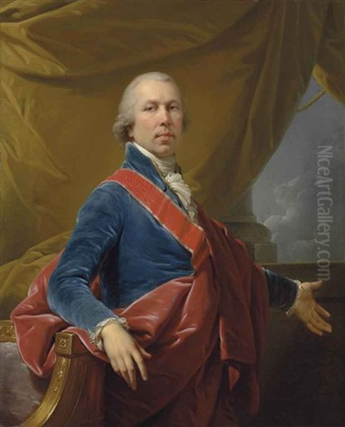 Portrait Of A Nobleman, Half-length, In A Blue Velvet Jacket And White Stock, Wearing The Sash Of The Order Of Saint Stanislaus And A Red Mantle Oil Painting by Johann Baptist Lampi the Elder