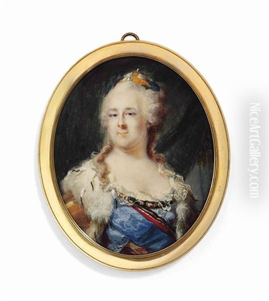 Catherine Ii (1729-1796), Empress Of Russia, Known As Catherine The Great, In Ermine-bordered Robes Over Blue Dress, Jewelled Chain And Tiara Oil Painting by Johann Baptist Lampi the Elder