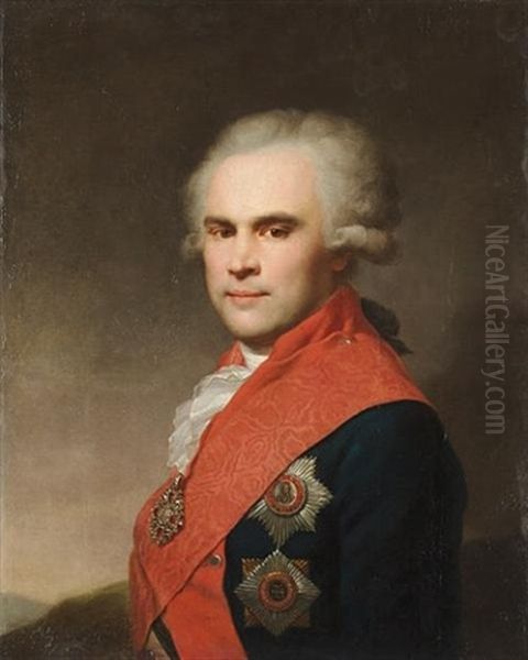 Portrait Of Vasilii Stepanovich Popov Wearing The Order Of St. Anne And The Breast Stars Of The Orders Of St. Alexander Nevsky And St. Vladimir Oil Painting by Johann Baptist Lampi the Elder