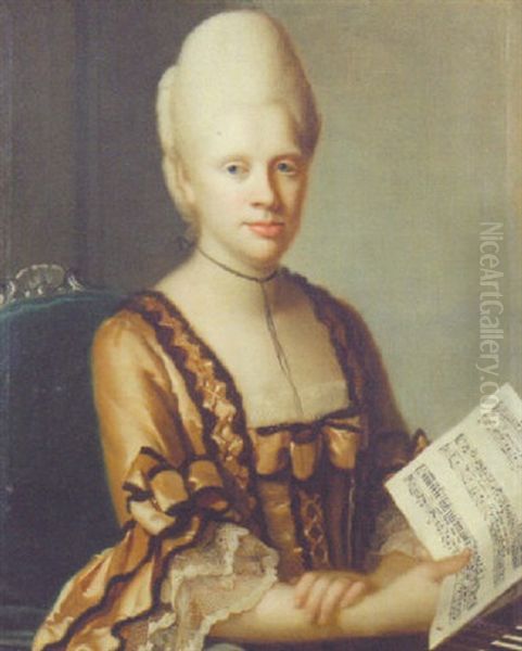 Portrait Of A Lady In A Brown Dress With Lace Sleeves, Seated At A Harpsichord With A Musical Manuscript Oil Painting by Johann Baptist Lampi the Elder