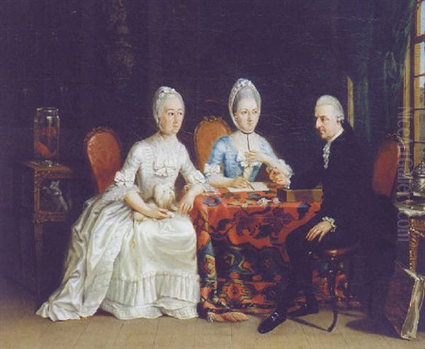 A Conchologist With Two Ladies, Seated At A Table In An Interior Oil Painting by Johann Baptist Lampi the Elder