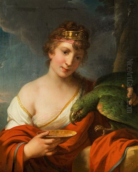 Young Girl With Parrot Oil Painting by Johann Baptist Lampi the Younger