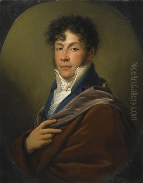 Portrait Of A Gentleman, Half Length, In A White Ruffled Shirt And Blue Jacket Oil Painting by Johann Baptist Lampi the Younger