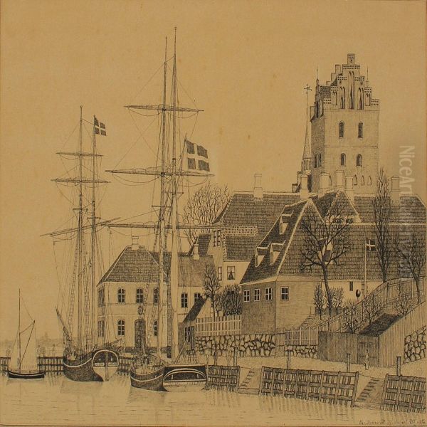 Harbour Scenery From Middelfart Oil Painting by Christian Behrens