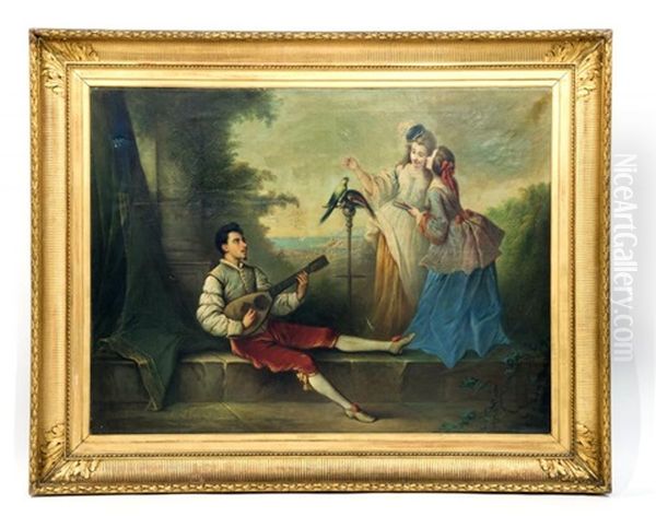 La Serenade Pour Les Belles Ou Les Deux Perroquets Oil Painting by Joseph Lamy