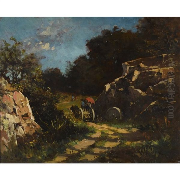 Wegpartie Mit Pferdegespann Oil Painting by Pierre (Desire Eugene) Franc Lamy