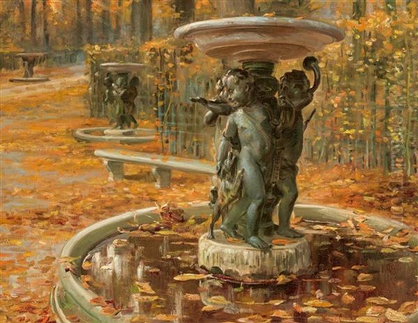 Der Eng Gefasste Bildausschnitt Zeigt Eine Flucht Von Drei Wasserbassins Mit Skulpturalen Mittelstucken Unter Einem Schalenbecken Im Garten Von Versailles Oil Painting by Pierre (Desire Eugene) Franc Lamy